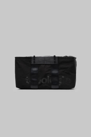 Medium black duffle bag with top handles and zippered front panel