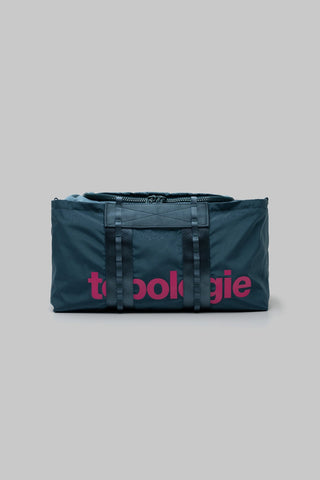 Deep teal medium duffle bag with zip top and front logo print