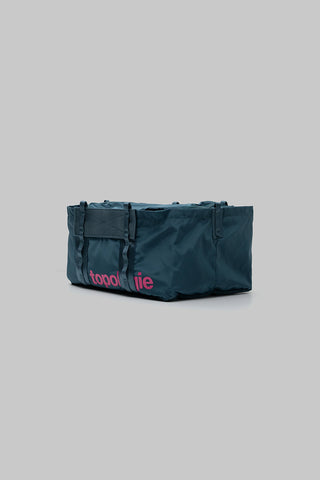 Small duffel bag in deep teal tech sateen with front logo and side handles