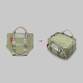Moss green small duffle bag showing both front and side views