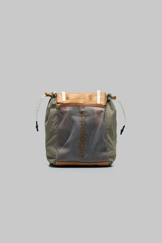 Small tote bag with gray interior and Topologie logo, burn orange and white stripes.