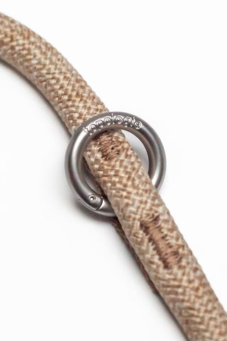 Flash grey 10mm rope loop strap detail with round silver carabiner and rope weave