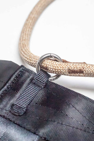 Flash grey 10mm rope loop strap attached to black fabric bag with metal ring