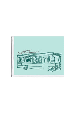 Wedding card with mint green panel and line-art trolley illustration with message