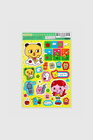 Colorful cartoon sticker sheet with bear, toys, hearts, and flowers