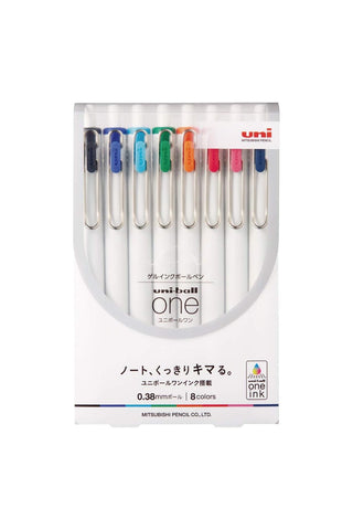 Uni-Ball One 0.38mm gel pen 8-color set in retail package with 8 pen tips visible