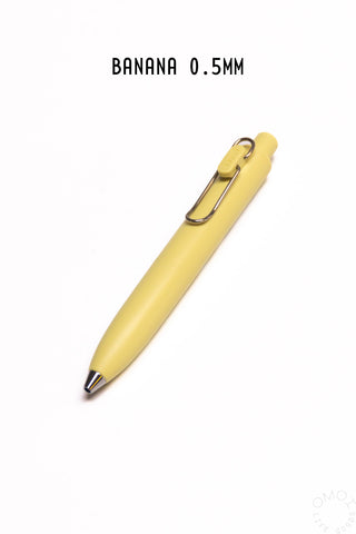 Uni-Ball One P gel pen, banana 0.5 mm barrel, chrome clip and black tip