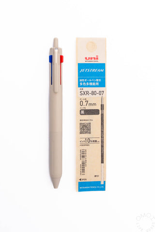 Multi-pen body with blue and red tips, plus 0.7mm Jetstream SXR-80-07 refill box