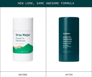 Deodorant packaging comparison: white stick and teal stick for Ursa Major Forest Fix