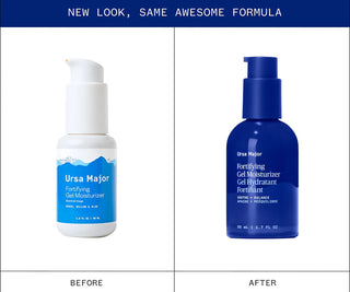 Split view of gel moisturizer bottles, blue and white pump bottles side by side