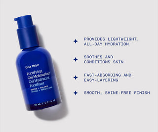 Ursa Major fortifying gel moisturizer bottle with small hydration icons, dark blue