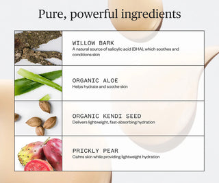 Gel moisturizer ingredient chart: willow bark, organic aloe, kendi seed, prickly pear