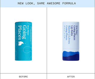 Two lip balm tubes side-by-side, before and after packaging designs