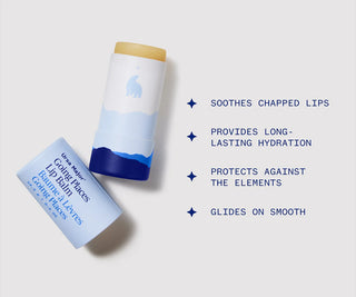 Lip balm tubes and stick with blue mountain graphic and soft yellow caps
