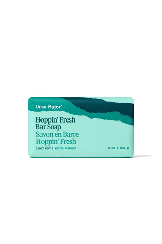 Ursa Major Hoppin' Fresh bar soap with teal label and cream bar, speckled finish