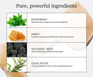 Soap ingredients panel listing peppermint, honey, volcanic rock, and eucalyptus