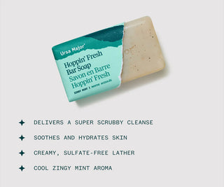 Teal-and-cream bar soap label with claims: sulfate-free lather, soothing hydration