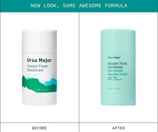 Comparison panel: white deodorant stick before and mint teal deodorant stick after.