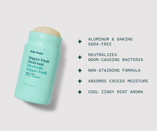 Mint teal deodorant stick with benefit bullet icons and label text.