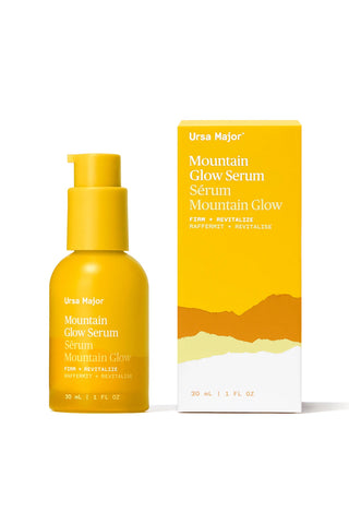 Yellow pump serum bottle with matching Mountain Glow retail box