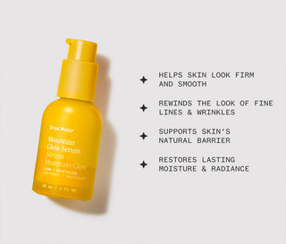 Yellow serum bottle with benefit text blocks to the right