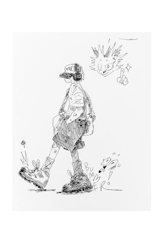Monochrome line-art print of a backpacked character with doodles and burst symbols