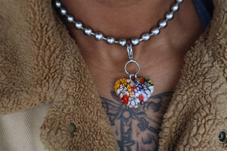 Heart-shaped millefiori glass pendant with silver bead chain