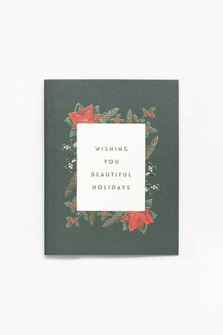Green pop-up Christmas card with red poinsettia wreath and white message panel