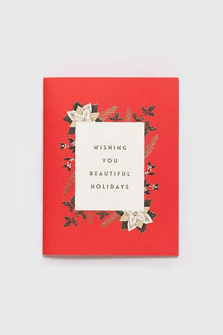 Red Christmas card with centered white message window and poinsettia wreath border