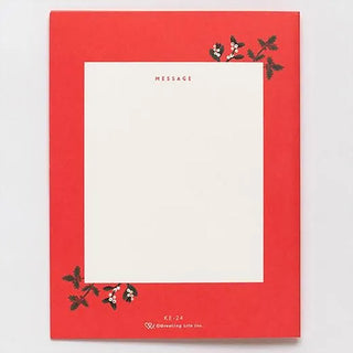 Red Christmas card with blank interior panel framed by poinsettia wreath corner accents