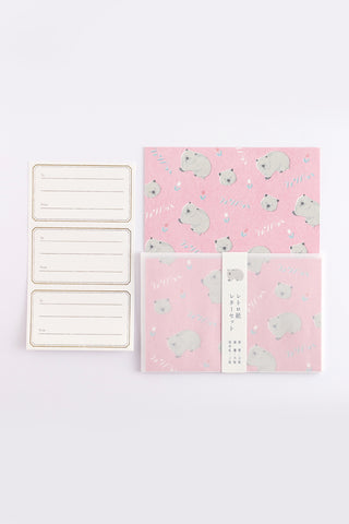 Wombat letter set with pink patterned cards, lined sheets, and envelopes in a holder