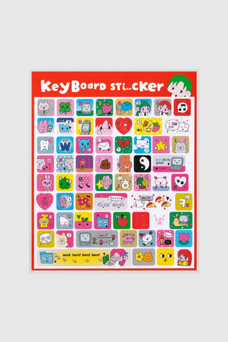 Keyboard sticker sheet with colorful cartoon icons, red border, MONANBEAR set