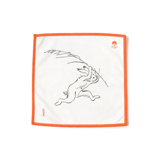 White cleaning cloth with orange border and black animal illustration design.
