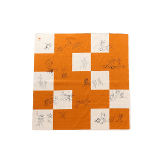 Orange and white furoshiki cloth with repeating animal/figure line drawings