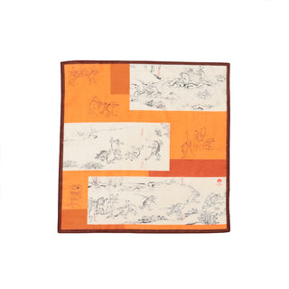 Orange and white handkerchief with gray animal line-art squares and dark brown border.