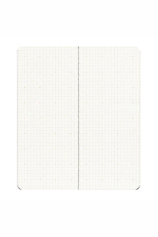 Open 4.5mm grid notebook pages with light paper, red dot markers, stitched spine