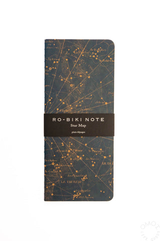 Star map blank notebook, dark navy cover with gold constellation print and RO-BIKI logo