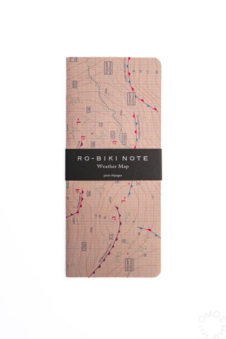 Weather map notebook cover with RO-BIKI NOTE band, pink and blue route lines