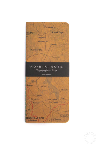 Topographical map notebook with brown illustrated cover and compass-style linework