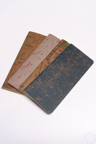 Star map notebook opened, showing inner pages in cream and colored map sections