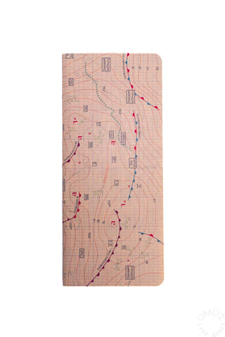 Weather map notebook with beige cover, red and blue route lines and symbols