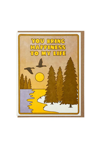 Happiness message greeting card with forest trees, sun, lake, and bird silhouette