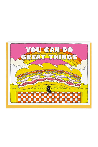 Greeting card with 'You Can Do Great Things' and colorful layered food illustration