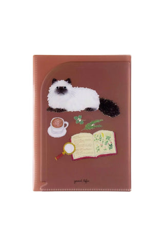 A5 six-pocket file folder with embroidered cat design on brown-orange cover