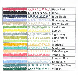 Color chart for retractable marker pen showing ink swatches and shade names