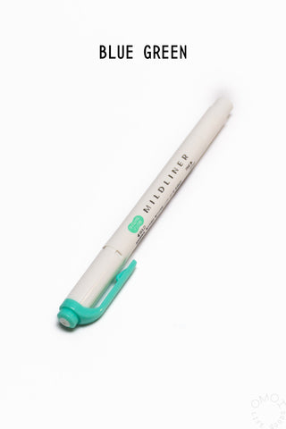 Mildliner highlighter pen, blue-green barrel and matching chisel tip.