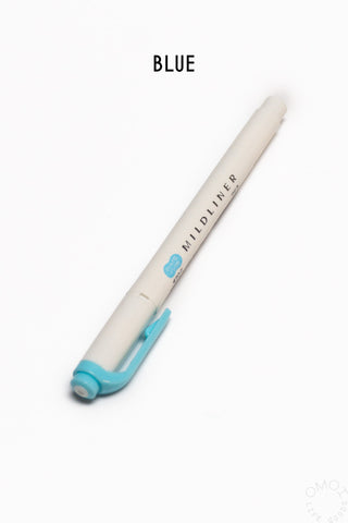 Mildliner highlighter pen, blue barrel with blue chisel tip.