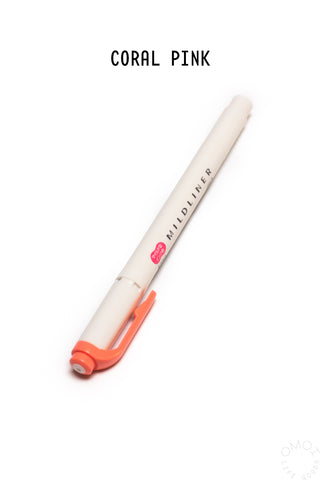 Mildliner highlighter pen, coral pink barrel and coral chisel tip.