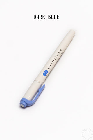 Mildliner highlighter pen, dark blue barrel and dark blue chisel tip.