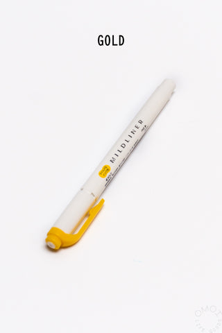Mildliner highlighter pen, gold barrel and gold chisel tip.